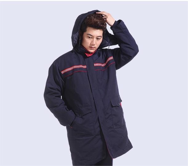 红都  工作服 全号可量体 棉服藏青长棉衣带反光条冬装防寒